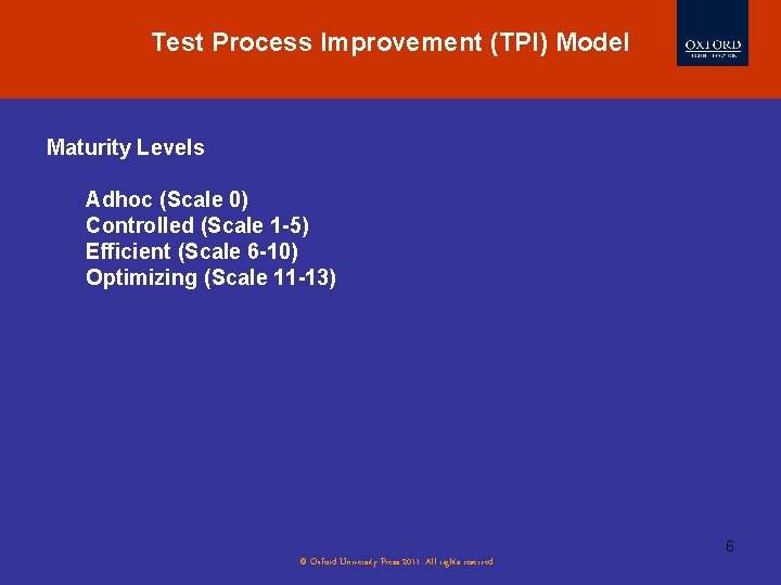 Test Process Improvement (TPI) Model Maturity Levels Adhoc (Scale 0) Controlled (Scale 1 -5) Test Process Improvement (TPI) Model Maturity Levels Adhoc (Scale 0) Controlled (Scale 1 -5)