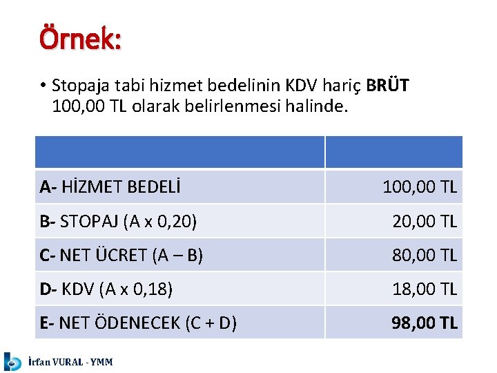 Örnek: • Stopaja tabi hizmet bedelinin KDV hariç BRÜT 100, 00 TL olarak belirlenmesi