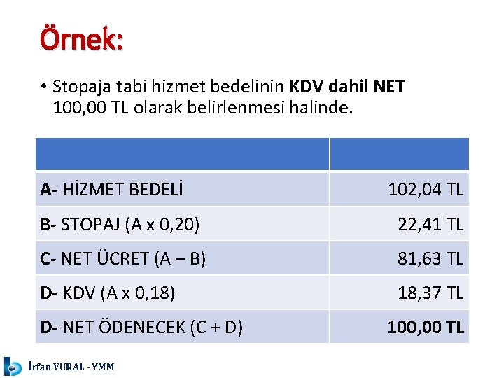 Örnek: • Stopaja tabi hizmet bedelinin KDV dahil NET 100, 00 TL olarak belirlenmesi