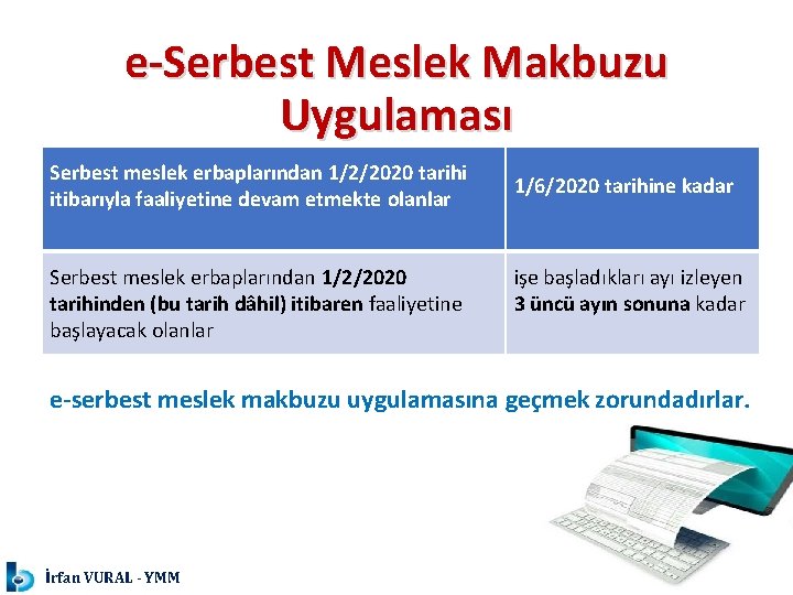 e-Serbest Meslek Makbuzu Uygulaması Serbest meslek erbaplarından 1/2/2020 tarihi itibarıyla faaliyetine devam etmekte olanlar