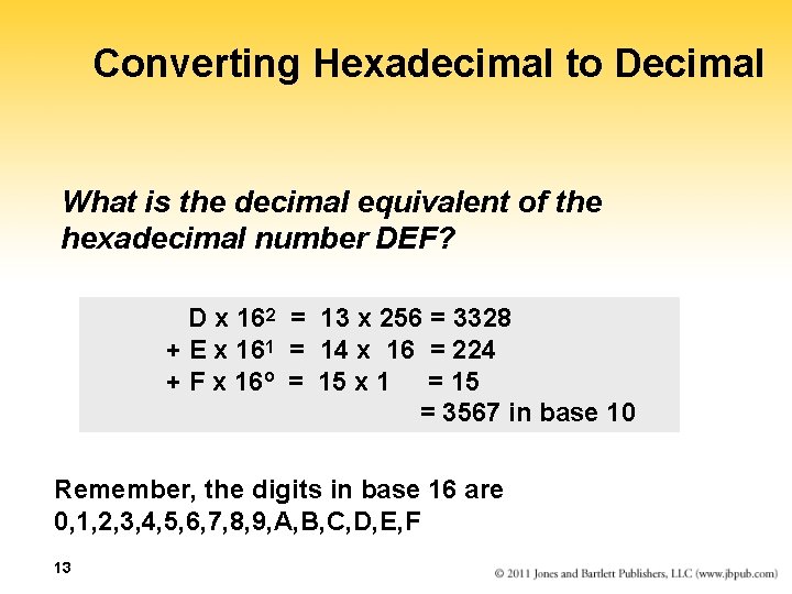 Converting Hexadecimal to Decimal What is the decimal equivalent of the hexadecimal number DEF?