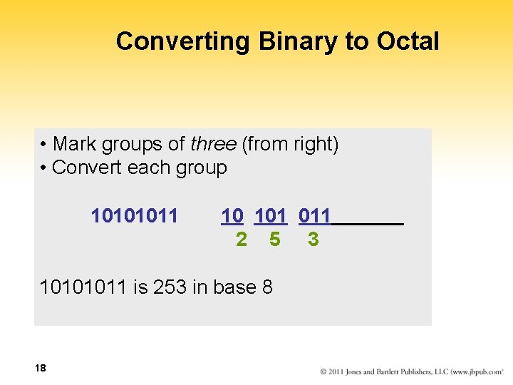 Converting Binary to Octal • Mark groups of three (from right) • Convert each