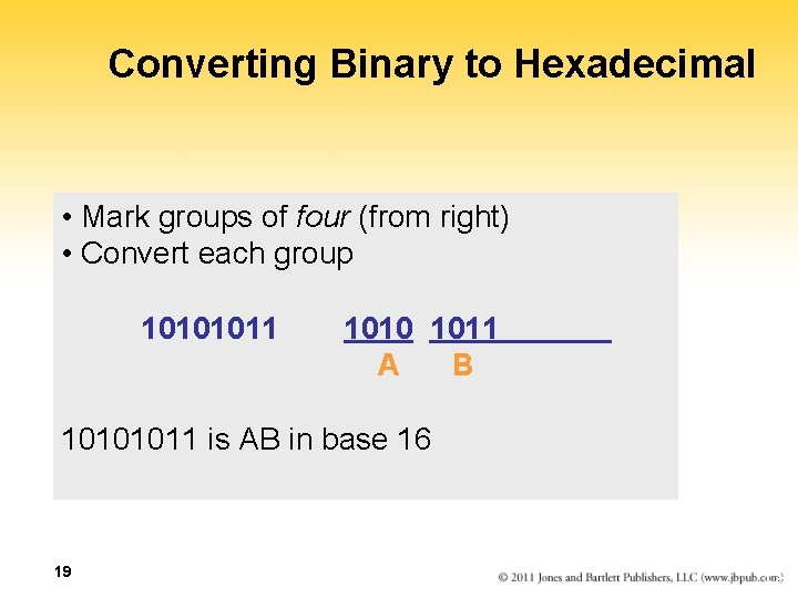 Converting Binary to Hexadecimal • Mark groups of four (from right) • Convert each