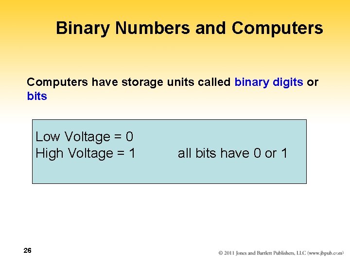 Binary Numbers and Computers have storage units called binary digits or bits Low Voltage