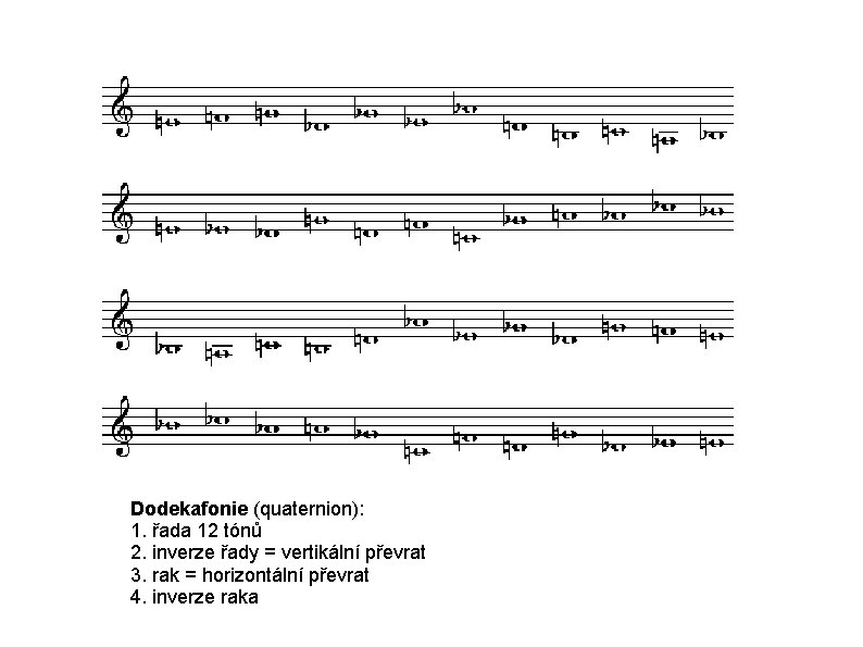 Dodekafonie (quaternion): 1. řada 12 tónů 2. inverze řady = vertikální převrat 3. rak