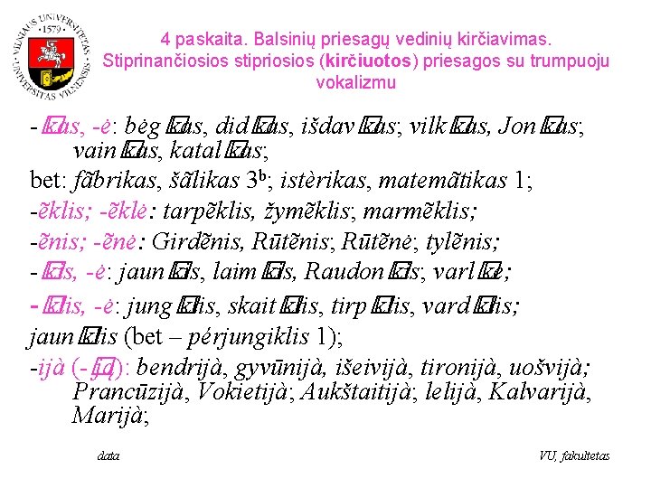 4 paskaita. Balsinių priesagų vedinių kirčiavimas. Stiprinančiosios stipriosios (kirčiuotos) priesagos su trumpuoju vokalizmu -�