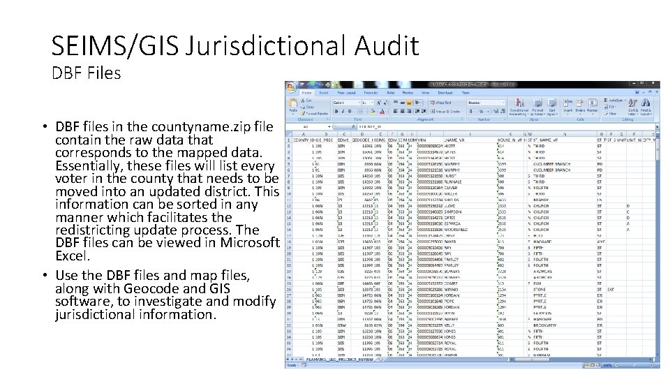 SEIMS/GIS Jurisdictional Audit DBF Files • DBF files in the countyname. zip file contain