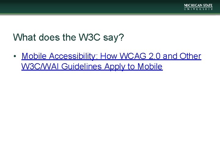 What does the W 3 C say? • Mobile Accessibility: How WCAG 2. 0