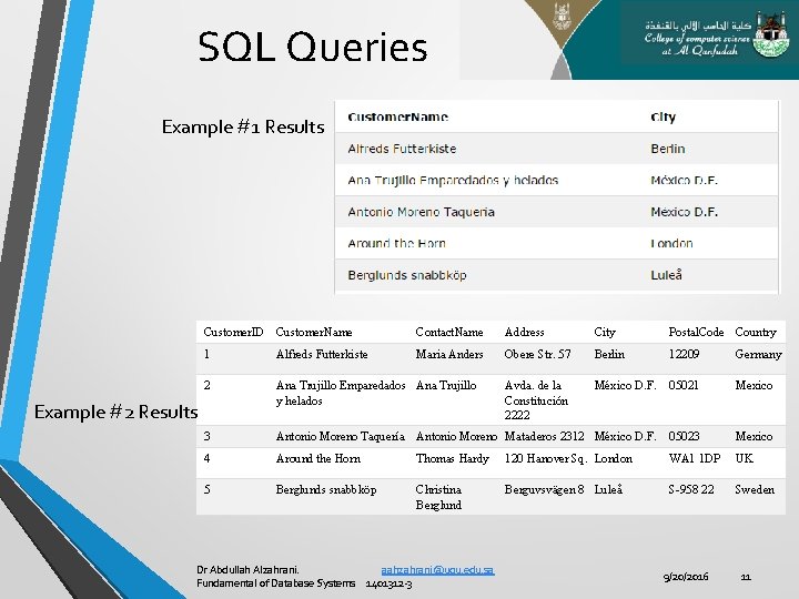 SQL Queries Example #1 Results Customer. ID Customer. Name Contact. Name Address City Postal.