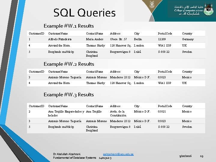 SQL Queries Example #W. 1 Results Customer. ID Customer. Name Contact. Name Address City