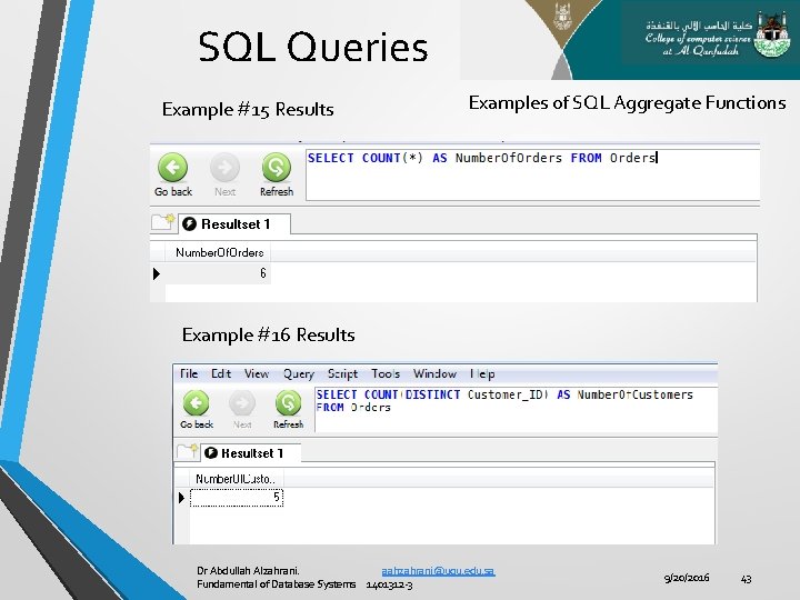 SQL Queries Example #15 Results Examples of SQL Aggregate Functions Example #16 Results Dr