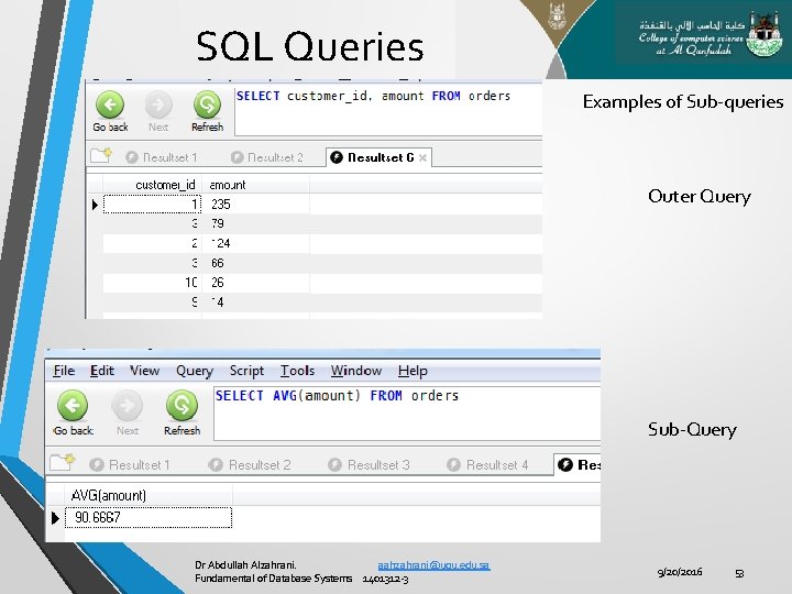 SQL Queries Examples of Sub-queries Outer Query Sub-Query Dr Abdullah Alzahrani. aahzahrani@uqu. edu. sa