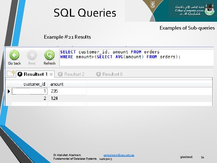 SQL Queries Examples of Sub-queries Example #21 Results Dr Abdullah Alzahrani. aahzahrani@uqu. edu. sa