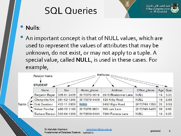 SQL Queries • Nulls: • An important concept is that of NULL values, which