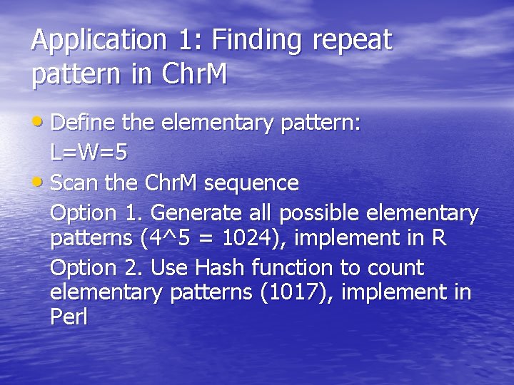 Application 1: Finding repeat pattern in Chr. M • Define the elementary pattern: L=W=5
