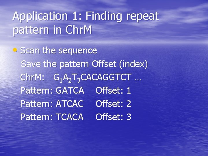 Application 1: Finding repeat pattern in Chr. M • Scan the sequence Save the