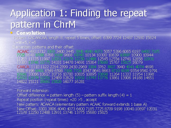 Application 1: Finding the repeat pattern in Chr. M • Convolution Pattern: CACAACAA, length