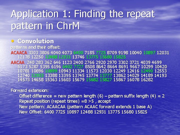 Application 1: Finding the repeat pattern in Chr. M • Convolution patterns and their