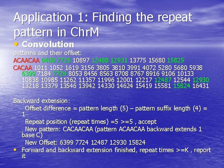Application 1: Finding the repeat pattern in Chr. M • Convolution patterns and their