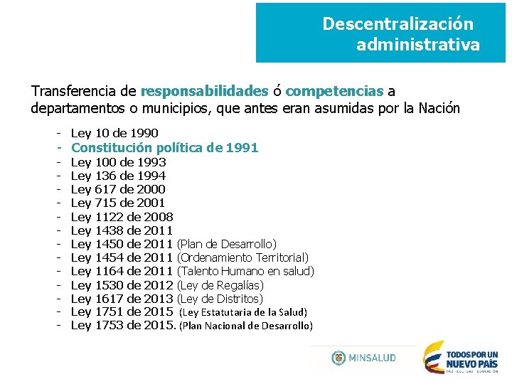 Descentralización administrativa Transferencia de responsabilidades ó competencias a departamentos o municipios, que antes eran