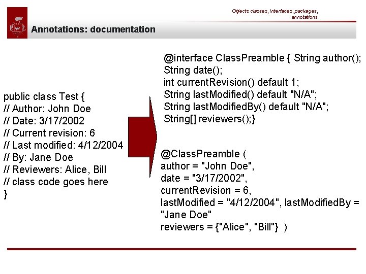 Objects classes, interfaces, packages, annotations Annotations: documentation public class Test { // Author: John