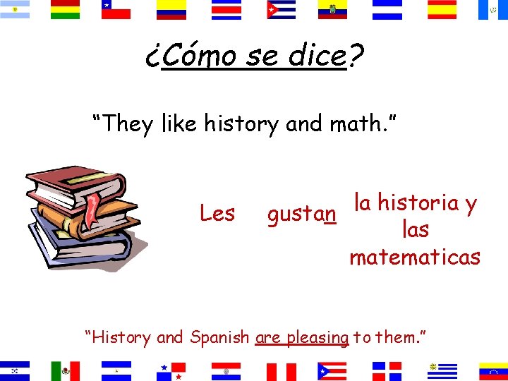 ¿Cómo se dice? “They like history and math. ” Les la historia y gustan