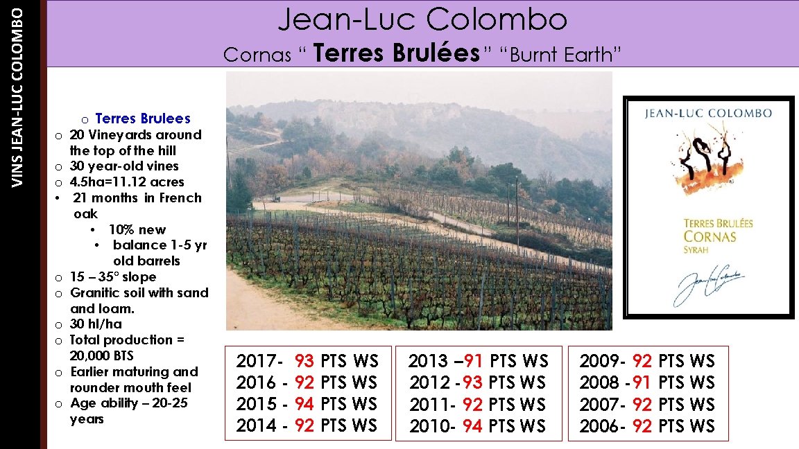 VINS JEAN-LUC COLOMBO Jean-Luc Colombo Cornas “ Terres Brulées ” “Burnt Earth” o Terres