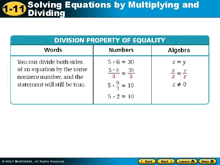 Solving Equations by Multiplying and 1 -11 Dividing 