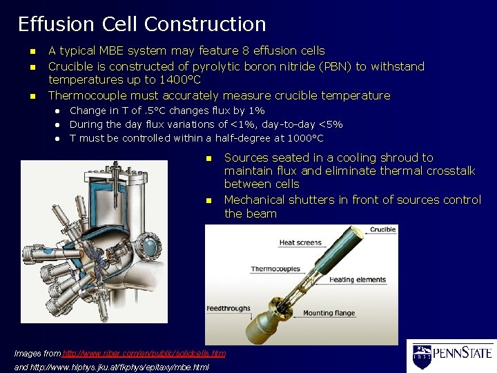 Effusion Cell Construction n A typical MBE system may feature 8 effusion cells Crucible