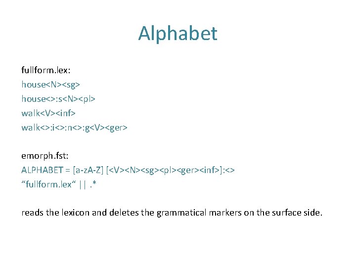 Alphabet fullform. lex: house<N><sg> house<>: s<N><pl> walk<V><inf> walk<>: i<>: n<>: g<V><ger> emorph. fst: ALPHABET