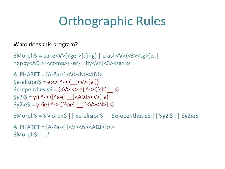Orthographic Rules What does this program? $Morph$ = bake<V>{<ger>}: {ing} | crash<V>{<3><sg>}: s |