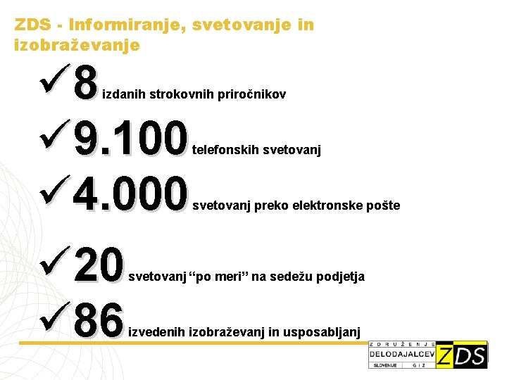 ZDS - Informiranje, svetovanje in izobraževanje ü 8 ü 9. 100 ü 4. 000