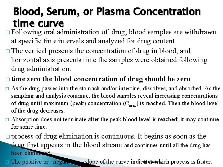 Blood, Serum, or Plasma Concentration time curve � Following oral administration of drug, blood