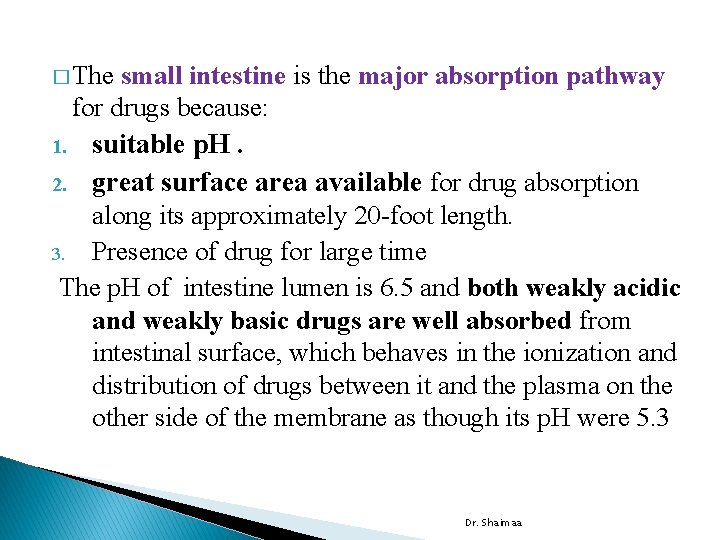 � The small intestine is the major absorption pathway for drugs because: 1. suitable