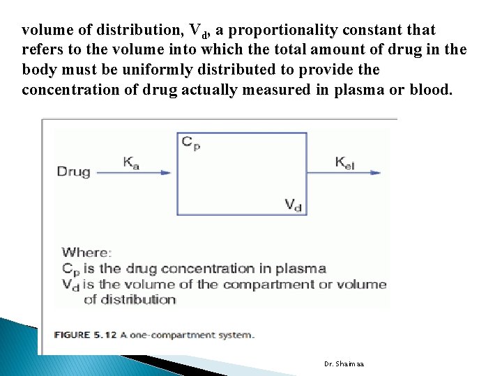 volume of distribution, Vd, a proportionality constant that refers to the volume into which