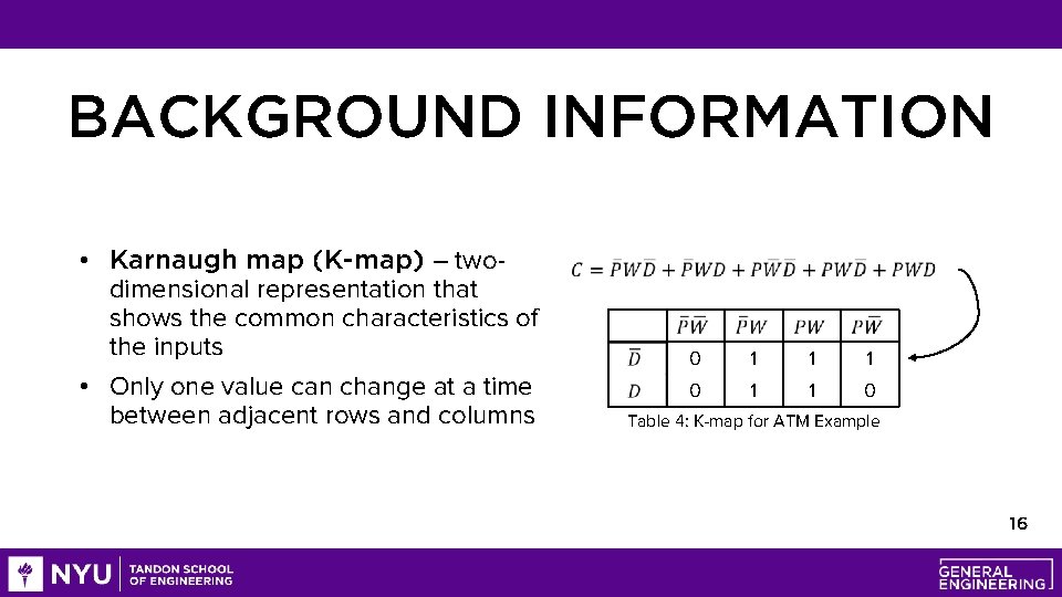 BACKGROUND INFORMATION • Karnaugh map (K-map) – twodimensional representation that shows the common characteristics