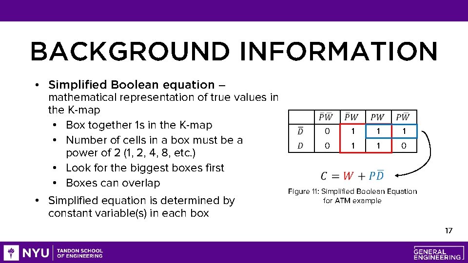 BACKGROUND INFORMATION • Simplified Boolean equation – mathematical representation of true values in the