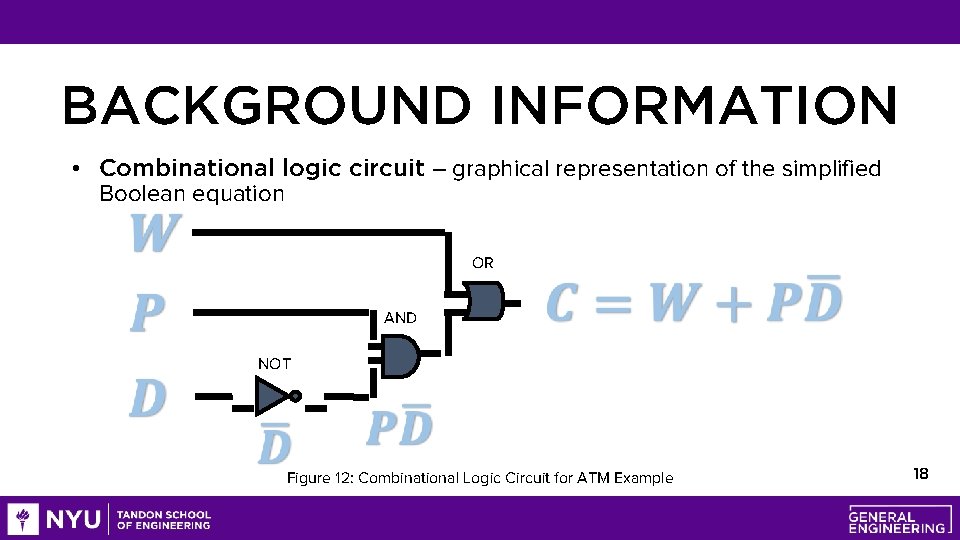 BACKGROUND INFORMATION • Combinational logic circuit – graphical representation of the simplified Boolean equation
