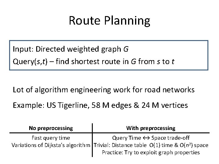 Route Planning Input: Directed weighted graph G Query(s, t) – find shortest route in
