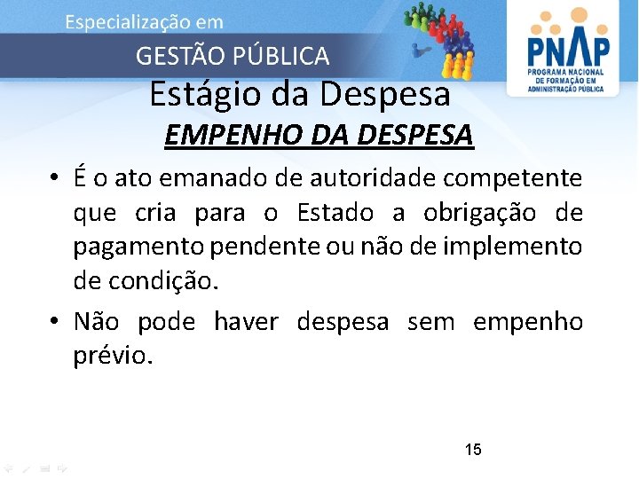 Estágio da Despesa EMPENHO DA DESPESA • É o ato emanado de autoridade competente