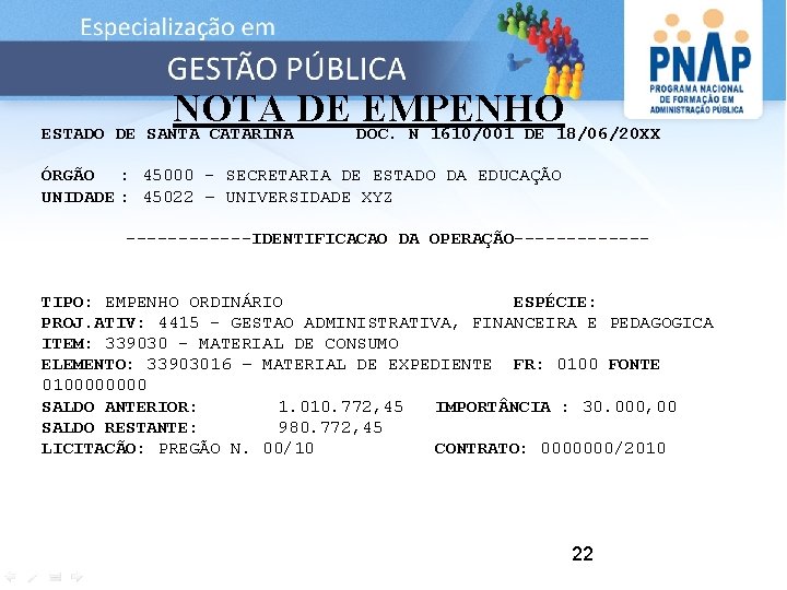 NOTA DE EMPENHO ESTADO DE SANTA CATARINA DOC. N 1610/001 DE 18/06/20 XX ÓRGÃO