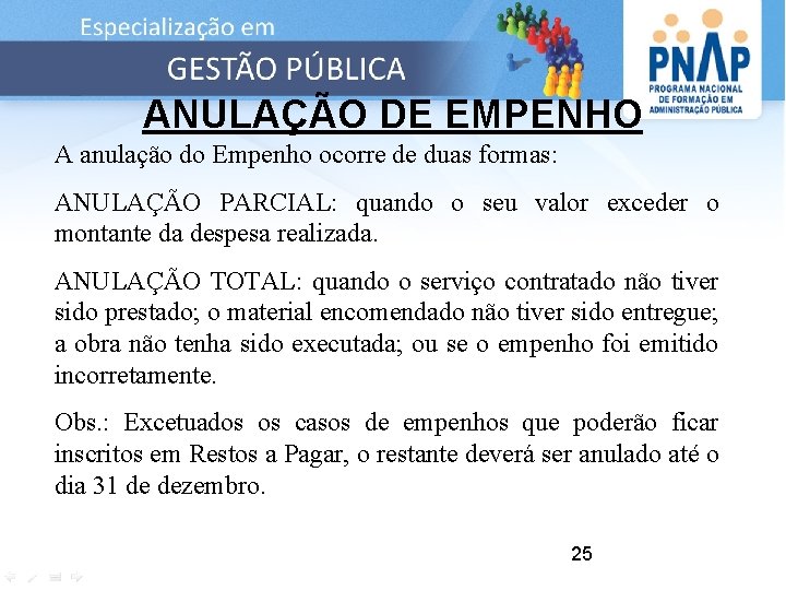 ANULAÇÃO DE EMPENHO A anulação do Empenho ocorre de duas formas: ANULAÇÃO PARCIAL: quando