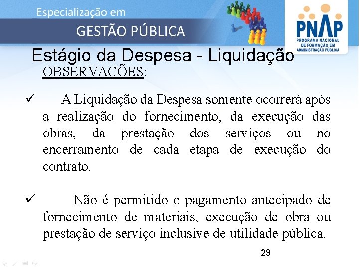 Estágio da Despesa - Liquidação OBSERVAÇÕES: ü A Liquidação da Despesa somente ocorrerá após