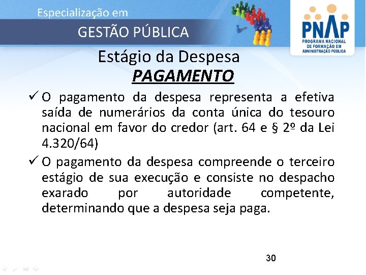 Estágio da Despesa PAGAMENTO ü O pagamento da despesa representa a efetiva saída de