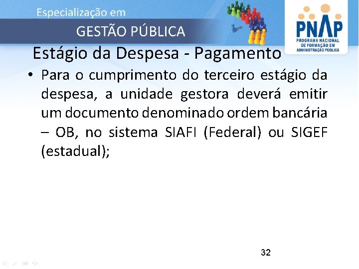 Estágio da Despesa - Pagamento • Para o cumprimento do terceiro estágio da despesa,