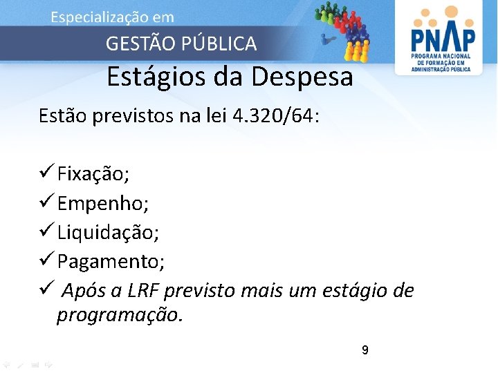 Estágios da Despesa Estão previstos na lei 4. 320/64: ü Fixação; ü Empenho; ü