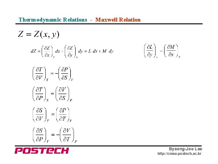 Thermodynamic Relations - Maxwell Relation Byeong-Joo Lee http: //cmse. postech. ac. kr 