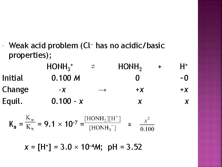 Weak acid problem (Cl has no acidic/basic properties); HONH 3+ ⇌ HONH 2 +