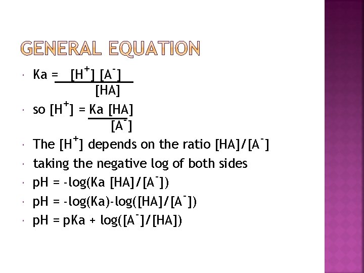 Ka = [H+] [A-] [HA] so [H+] = Ka [HA] [A-] The [H+]