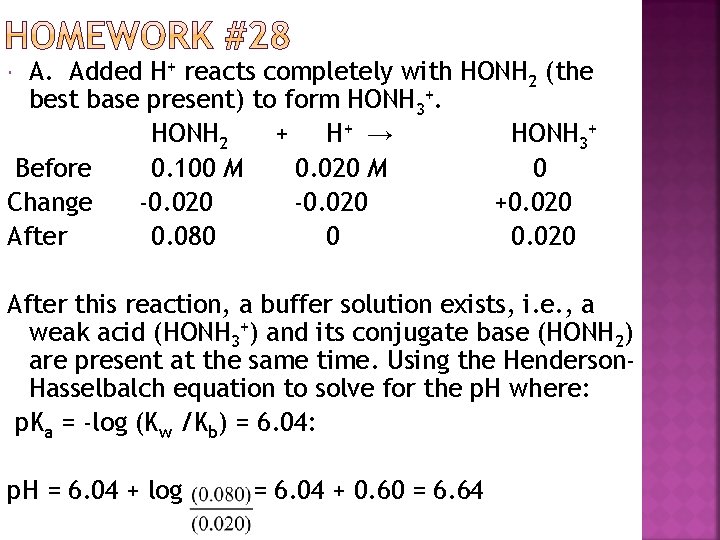 A. Added H+ reacts completely with HONH 2 (the best base present) to form
